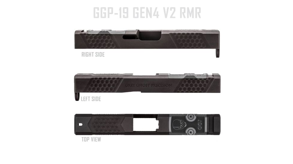 Grey Ghost Precision Glock 19 Gen4 Stripped Slide, RMR Cut, Version 2 - Diamond Checkering Pattern, 17-4 SS, Black, GGP-19-4-RMR-2