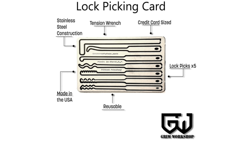 Grim Workshop Lockpick Card, Surgical Grade Stainless Construction, 3.38in x 2.13in x 0.25in, GWLOCKCRD