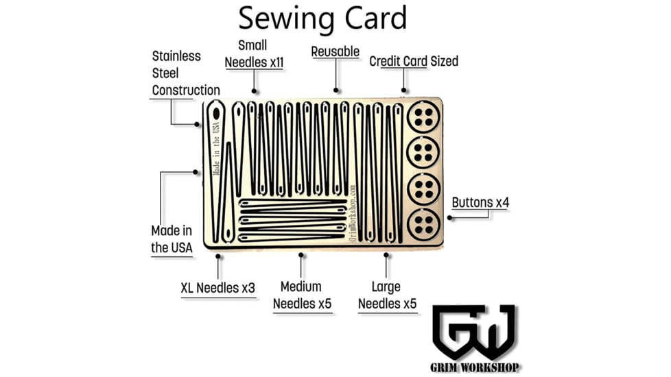 Grim Workshop Sewing Kit Card, Stainless Construction, 3.5in x 2in, GWSEWCRD