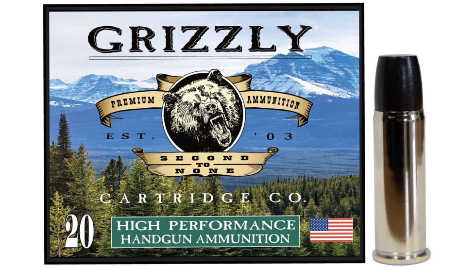 Grizzly Cartridge 44 Magnum +P 355 Grain Wide Flat Nose Gas Check Brass Cased Pistol Ammo, 1350 FPS, 20 Rounds, 815152013811