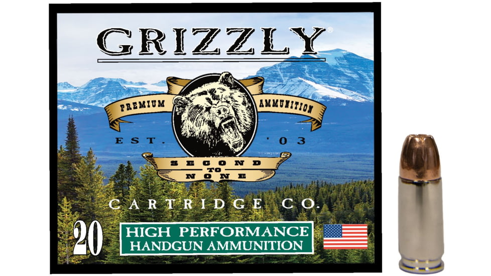 Grizzly Cartridge 9MM+P+ 124 Grain Jacketed Hollow Point Brass Cased Pistol Ammo, 1375 FPS, 20 Rounds, 815152015273