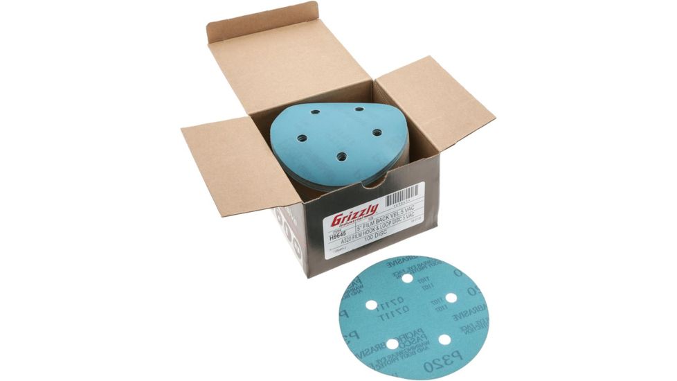 Grizzly Industrial 5in. Sanding Disc, A320 Hook &amp; Loop 5 Hole, Box of 100 H9645