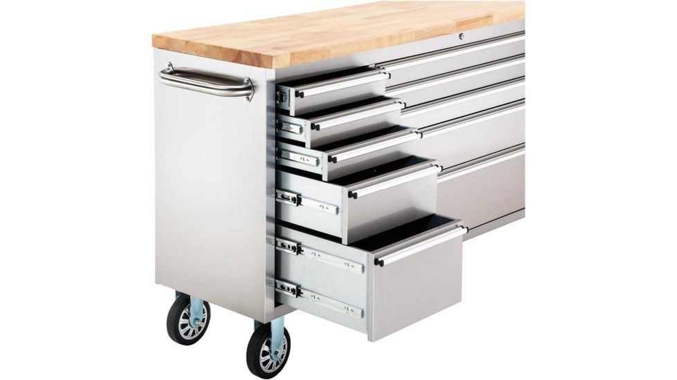 Grizzly Industrial 72in. 15-Drawer Stainless Steel Industrial Cabinet with Wood Top T27880