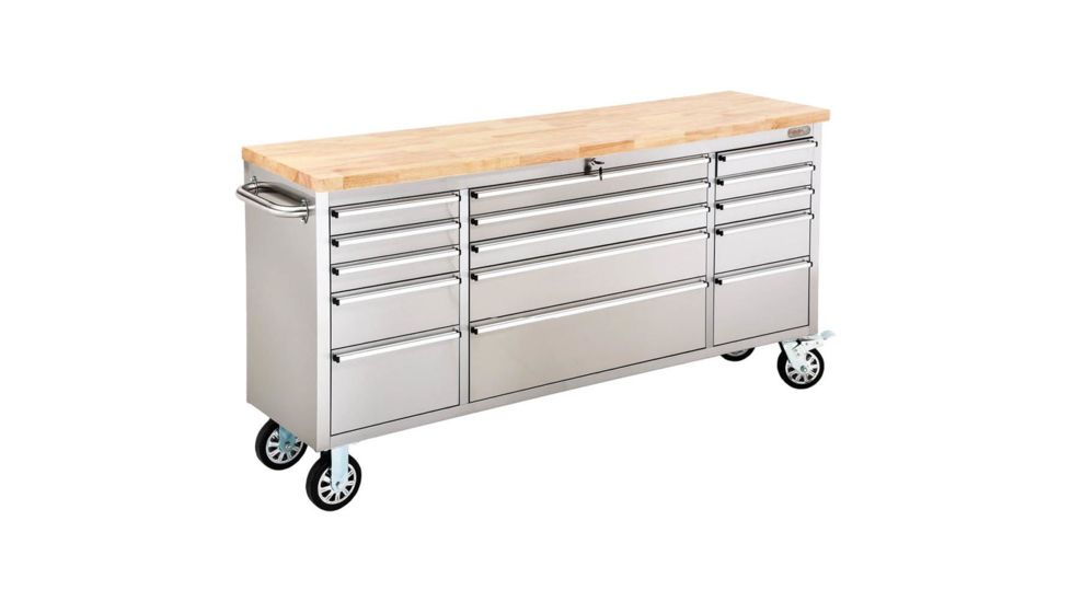 Grizzly Industrial 72in. 15-Drawer Stainless Steel Industrial Cabinet with Wood Top T27880