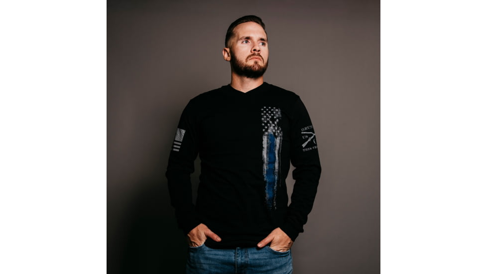 Grunt Style Blue Line Flag Long Sleeve T-Shirt - Mens, Black, 2XL, GS3162-2XL