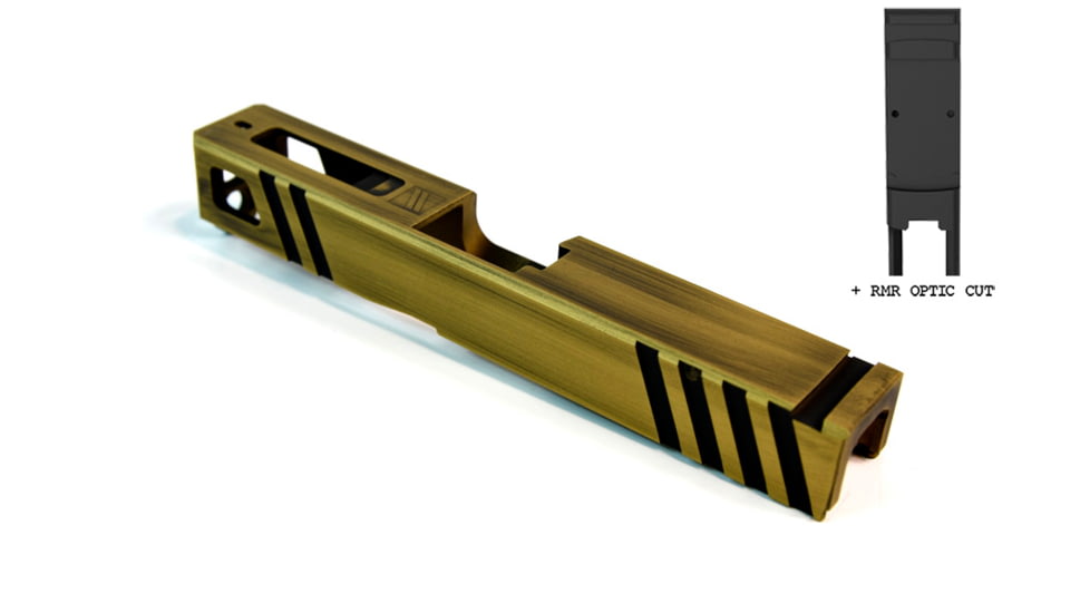 Gun Cuts Apprentice Slide for Glock 19, Optic Cut, Battleworn Gold, GC-G19-APP-GOLBW-RMR