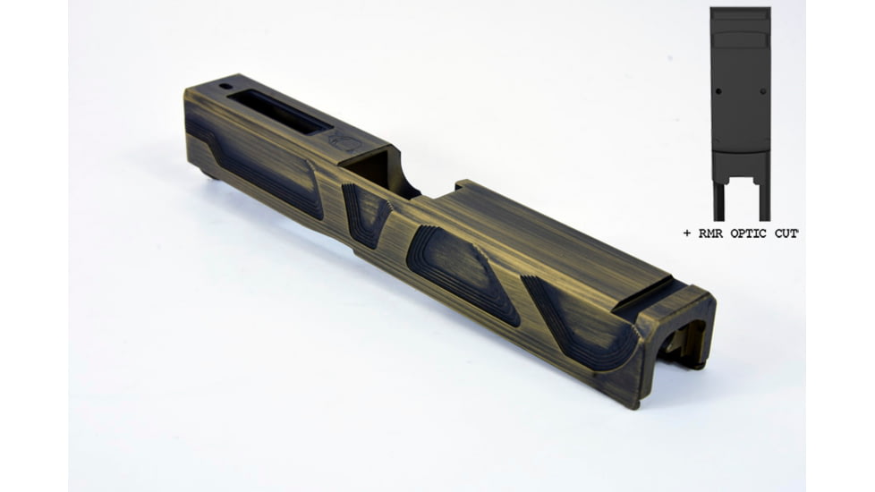 Gun Cuts Roswell Slide for Glock 19, Optic Cut, Battleworn Gold, GC-G19-ROS-GOLBW-RMR