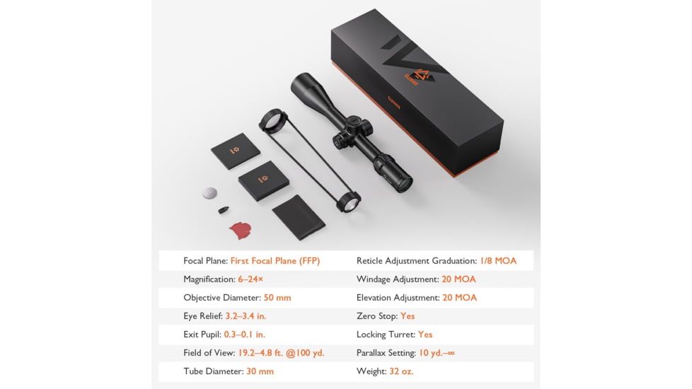 GUNNR Heimdall 6-24x50mm 30mm Tube Rifle Scope, Second Focal Plane, 1/8 MOA Reticle, Black, FFP-0624-50