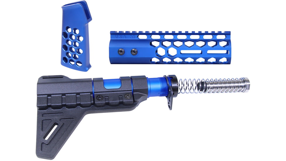 Guntec USA AR-15 Honeycomb Pistol Furniture Set w/Brace, 7 in, Anodized Blue, AR-HCP-SET-PB-BLUE