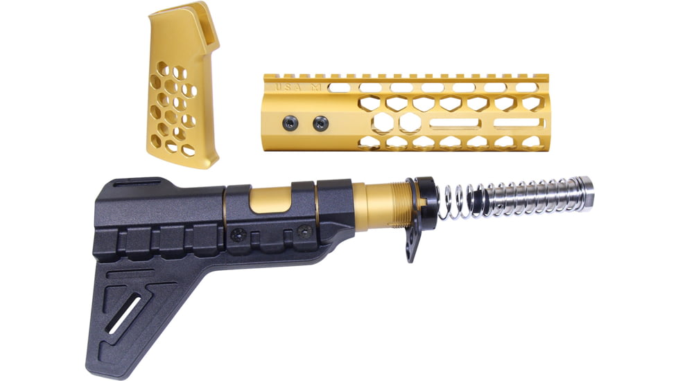 Guntec USA AR-15 Honeycomb Pistol Furniture Set w/Brace, 7 in, Anodized Gold, AR-HCP-SET-PB-GOLD