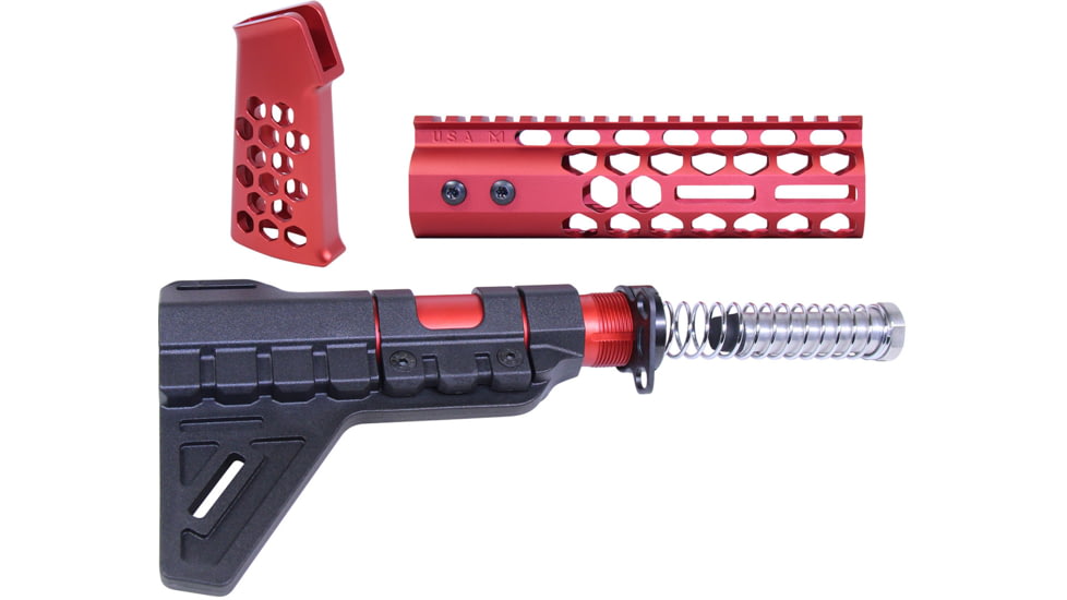 Guntec USA AR-15 Honeycomb Pistol Furniture Set w/Brace, 7 in, Anodized Red, AR-HCP-SET-PB-RED