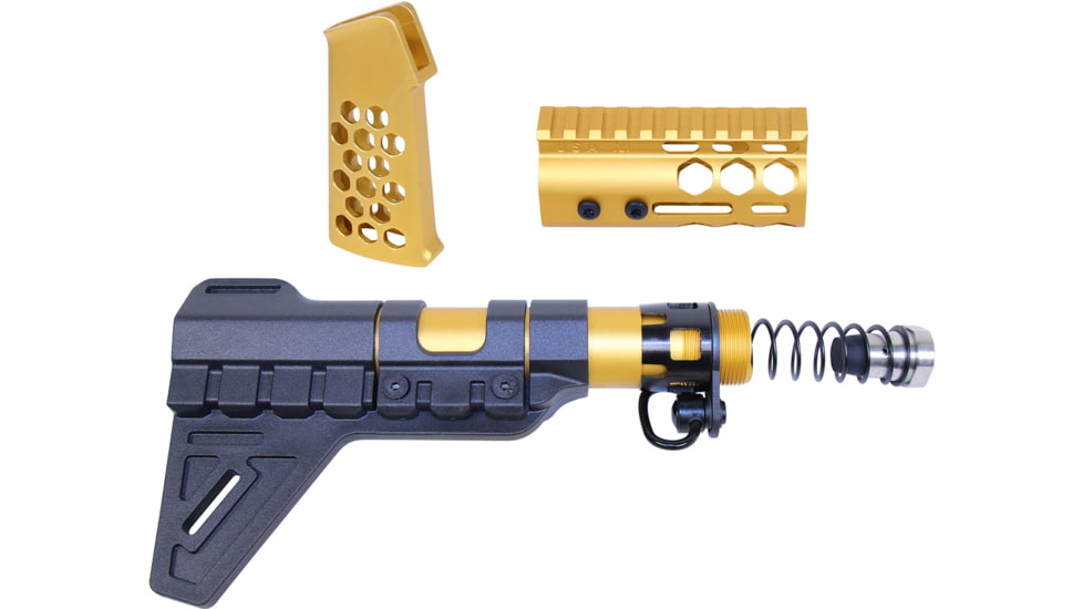 Guntec USA AR-15 Micro Honeycomb Pistol Furniture Set w/Brace, Anodized Gold, MICRO-HCP-SET-PB-GOLD
