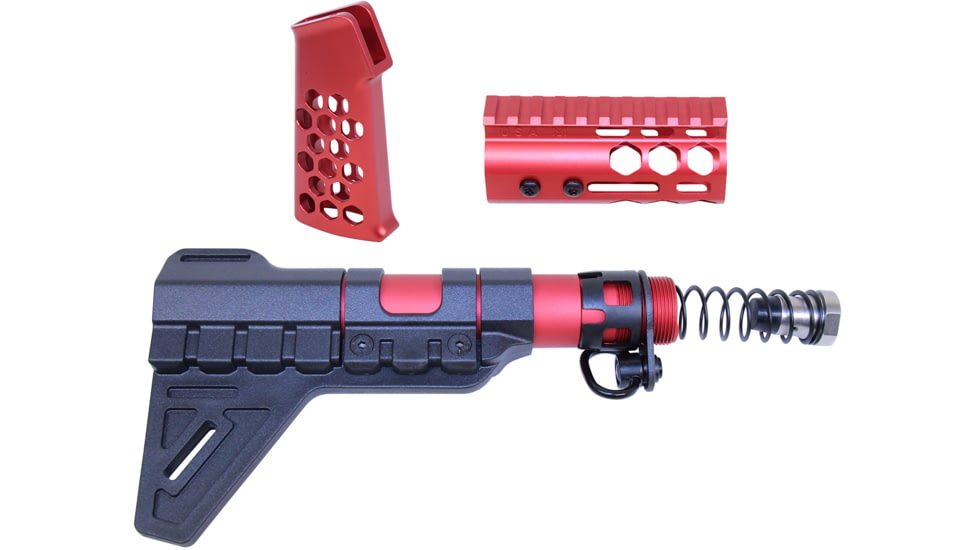 Guntec USA AR-15 Micro Honeycomb Pistol Furniture Set w/Brace, Anodized Red, MICRO-HCP-SET-PB-RED