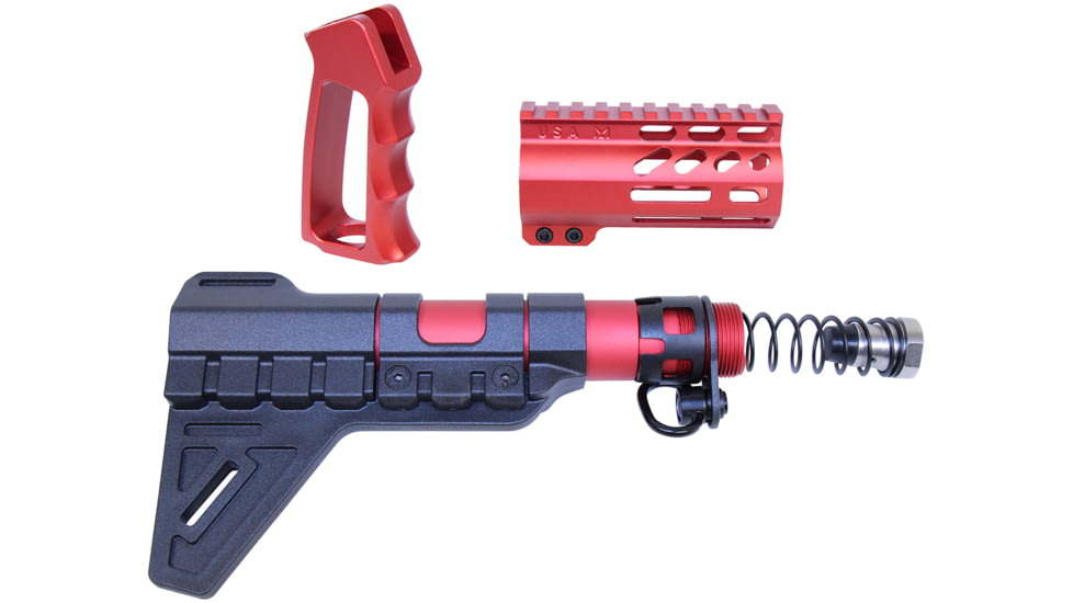 Guntec USA AR-15 Micro Pistol Furniture Set w/Brace, Anodized Red, MICRO-P-SET-PB-RED