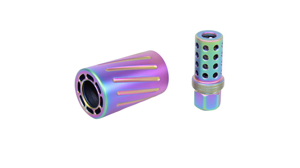Guntec USA AR-15 Muzzle Comp w/ QD Blast Shield, Rainbow PVD Coated, Matte Rainbow Pvd Coated, SPITFIRE-RPVD