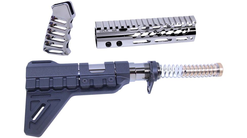 Guntec USA AR-15 Pistol Furniture Set W/Micro Breach Pistol Brace Black Chrome, Black Chrome, AR-PISTOL-SET-MLK-PB-BC