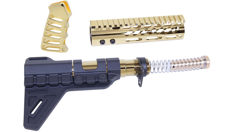 Guntec USA AR-15 Pistol Furniture Set W/Micro Breach Pistol Brace Gold Plated, Gold Plated, AR-PISTOL-SET-MLK-PB-GP