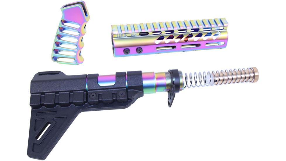 Guntec USA AR-15 Pistol Furniture Set W/Micro Breach Pistol Brace Matte Rainbow PVD Coated, Matte Rainbow PVD, AR-PISTOL-SET-MLK-PB-M-RPVD