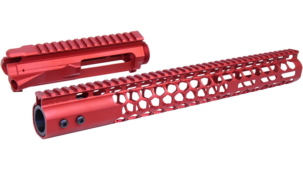 Guntec USA AR-15 Stripped Billet Upper Receiver 15 in Air Lite Series Honeycomb M-LOK Handguard Combo Set, Anodized Red, GT-UPPER-SET-RED-15HC