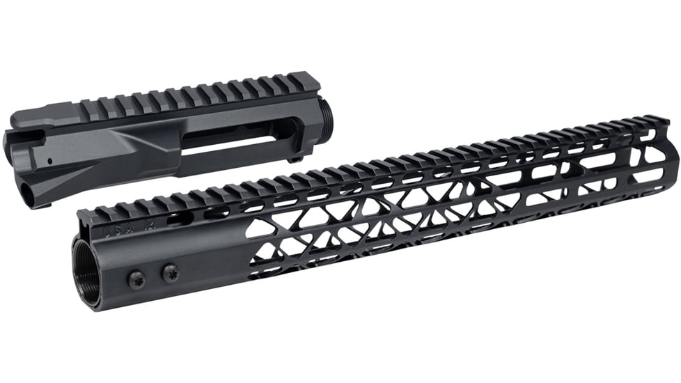 Guntec USA AR-15 Stripped Billet Upper Receiver 15 in Air Lite Series M-LOK Handguard Combo Set, Anodized Black, GT-UPPER-SET-BLK-15AIRLITE