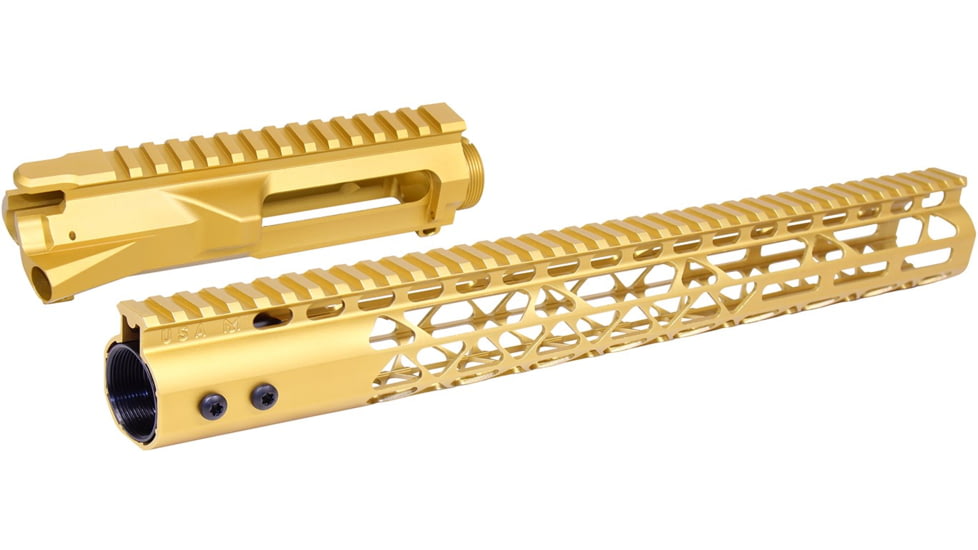 Guntec USA AR-15 Stripped Billet Upper Receiver 15 in Air Lite Series M-LOK Handguard Combo Set, Anodized Gold, GT-UP-SET-GOLD-15AIRLITE