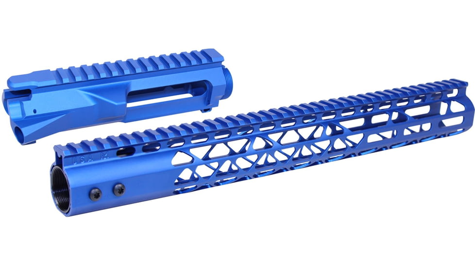 GUNTEC USA Ar 15 Stripped Billet Upper Receiver &amp; 15in Air Lite Series Keymod Handguard Combo Set, Anodized Blue, GT-UPPER-SET-BLUE-15AIRLITE