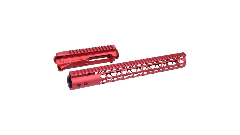 Guntec USA AR-15 Stripped Billet Upper Receiver w/15in Air Lite Series Keymod Handguard, Anodized Red, GT-UPPER-SET-RED-15AIRLITE
