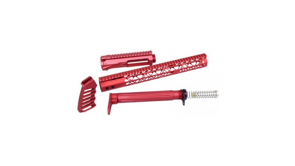 Guntec USA Skeletonized Airlite Series Furniture Set, AR-15, 5.56 Upper Receiver, 15 inch KeyMod Handgaurd, Fixed Stock/Buffer Assembly, Pistol Grip, Anodized Red AIRLITE-SET-UPPER-RED