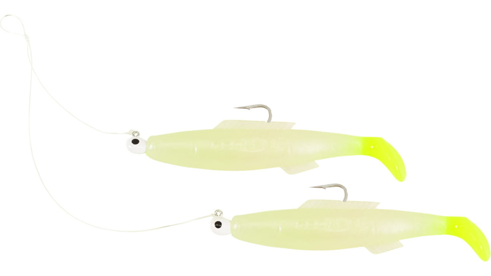 H&amp;H ICMDR-50 Cocahoe Minnow Double Rig, 3", 1/4 oz, Glow Chartreuse Tail, 10/Pack, ICMDR-50