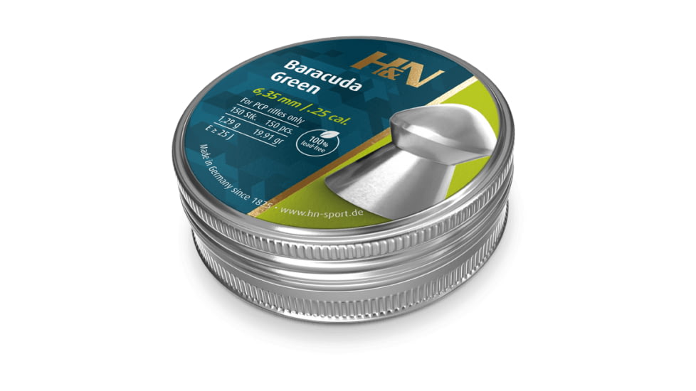 H&amp;N Sport Baracuda Green .25 Caliber 19.91 Grain Air Rifle Pellets, 150 Rounds, Silver, Small, 92066350013