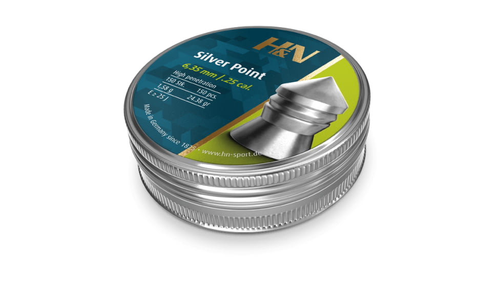 H&amp;N Sport Silver Point .25 Caliber Blister 24.38 Grain Air Rifle Pellets, 150 Rounds, Silver, Small, 92346350001BL