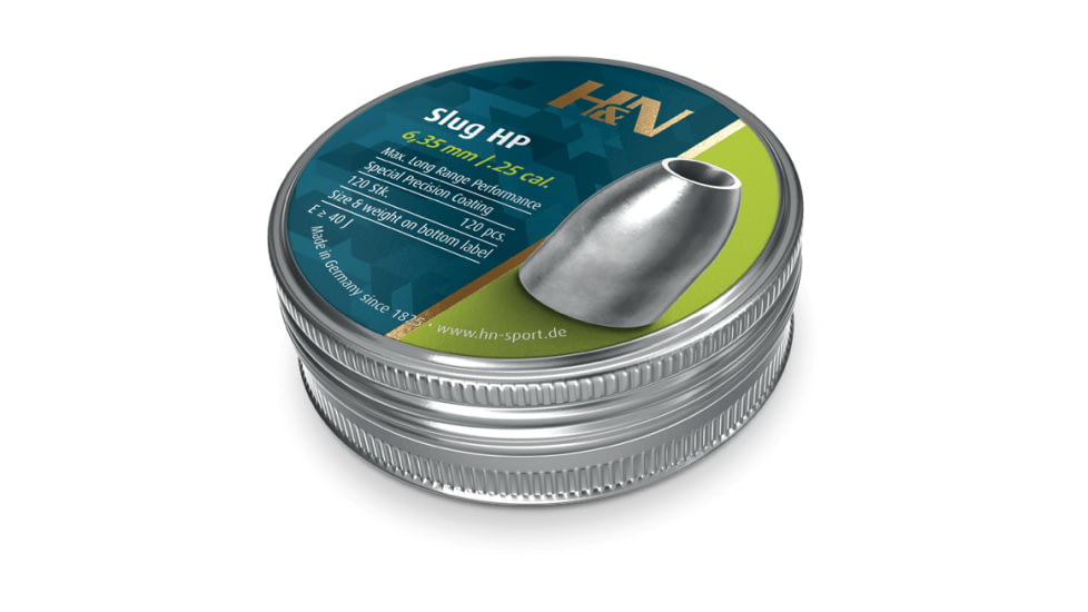 H&amp;N Sport Slug HP 249 ..25 Caliber 0.36 Grain Air Rifle Pellets, 120 Rounds, Silver, Small, 96363403601
