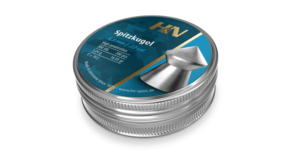 H&amp;N Sport Spitzkugel .22 Caliber 16.05 Grain Air Rifle Pellets, 200 Rounds, Silver, Small, 94145500003
