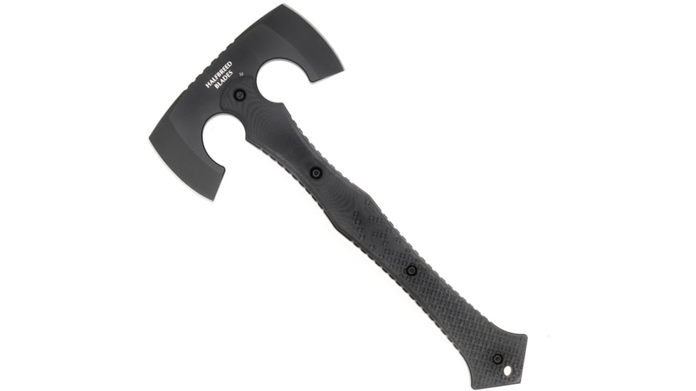Halfbreed Blades Compact Battle Axe, 6 black K110 tool steel axe head with 3 cutting , Black G10 handle, CBA-01 BLK
