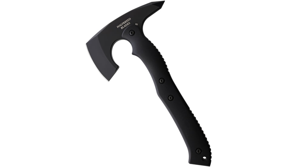 Halfbreed Blades Compact Rescue Axe, 4.5 black Teflon coated K110 tool steel axe head , Black G10 handle, Sharpened spike end, CRA-02 BLK