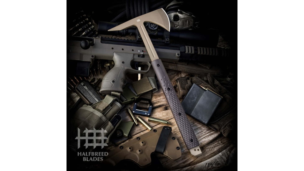 Halfbreed Blades Large Breaching Dark Earth Axe, 18.38in Overall, 7.5in Dark Earth Teflon K110 Tool Steel Axe Head w/ 3.25in Cutting Edge, Dark Earth G10 Handle, Tan Kydex Belt Sheath, LBA-01 DE