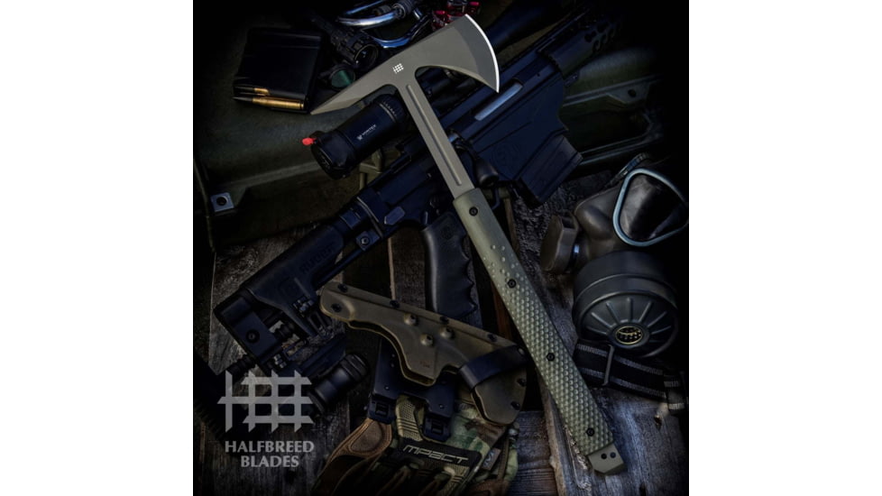 Halfbreed Blades Large Breaching OD Axe, 18.38in Overall, 7.5in OD Green Teflon K110 Tool Steel Axe Head w/ 3.25in Cutting Edge, OD Green G10 Handle, OD Green Kydex Belt Sheath, LBA-01 ODG