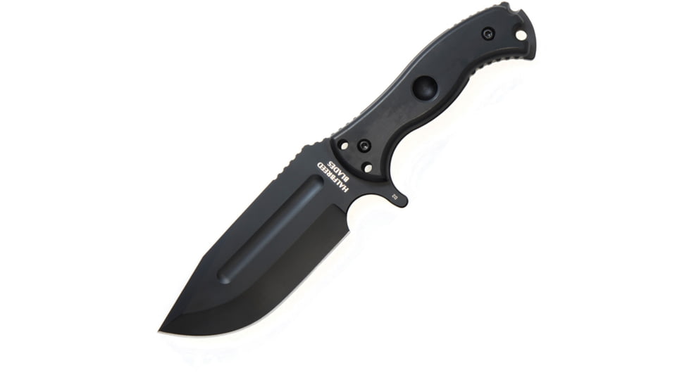 Halfbreed Blades Large Bush Knife, 5.75 black Teflon coated K110 tool steel modified, Black linen micarta handle, LBK-01 BLK