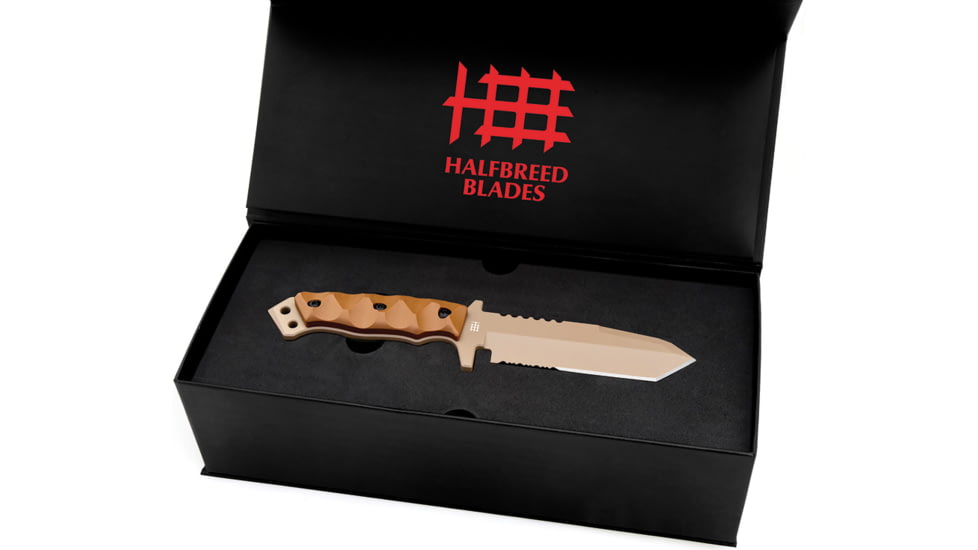 Halfbreed Blades Medium Infantry Gen 2 Fixed Blade Knife, 10.5in Overall, 5.25in Dark Earth Teflon Sawback Bohler K110 SS Tanto Partially Serrated Blade, FDE G10 Handle, Kydex Sheath, MIK-02 GEN II DE