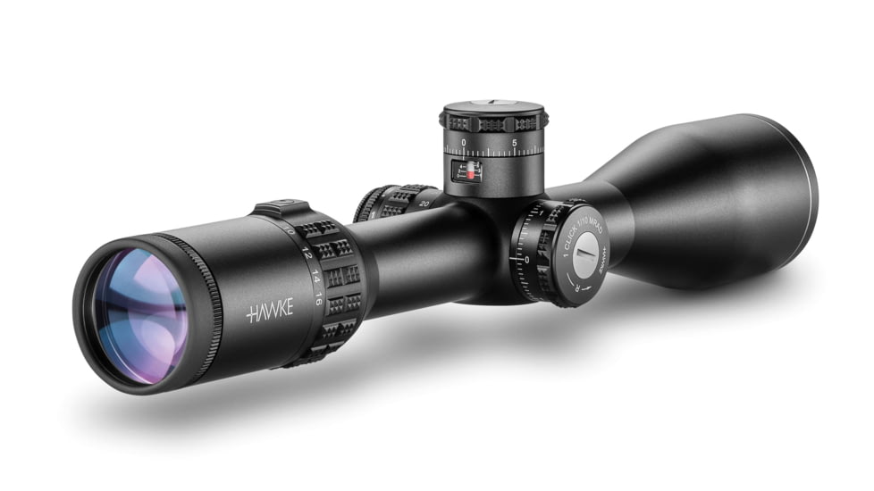 Hawke Sport Optics Sidewinder FFP Rifle Scope, 4-16x50mm, 30mm Tube, First Focal Plane, FFP 1/2 Mil Dot + Reticle, Red, MRAD Adjustment, Black, 17450