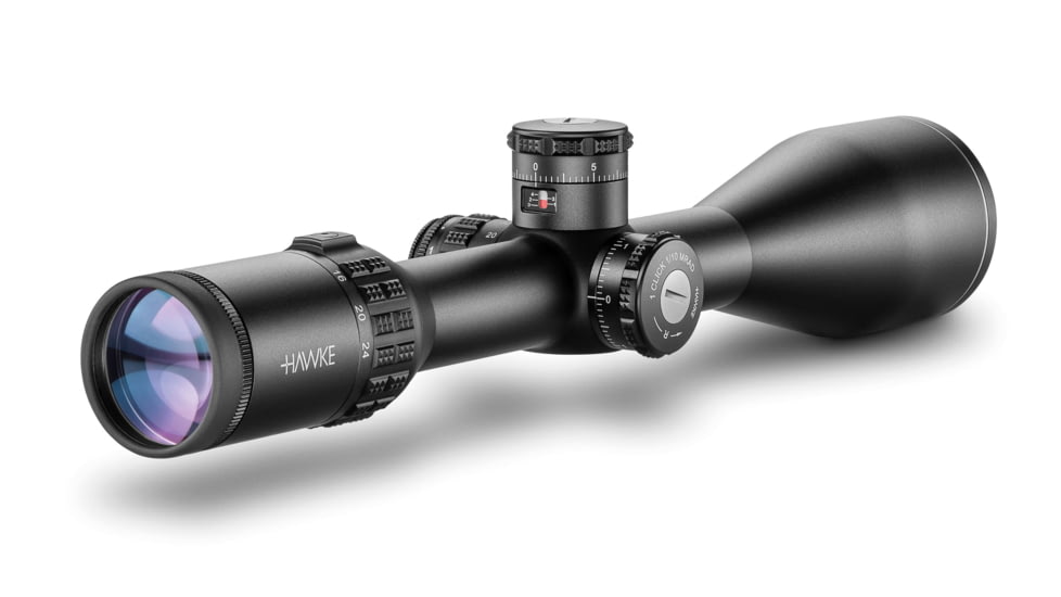 Hawke Sport Optics Sidewinder FFP Rifle Scope, 6-24x56mm, 30mm Tube, First Focal Plane, FFP 1/2 Mil Dot + Reticle, Red, MRAD Adjustment, Black, 17460