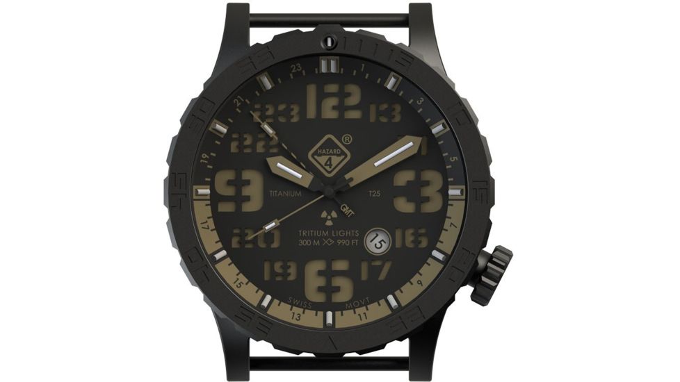 Hazard 4 Heavy Water Diver, 50mm Black Titanium GMT Watch with Tritium, Black Dial, Earth Texts, Green/Yellow Tritium, HWD-TIPV-G-E-KE-GGYG