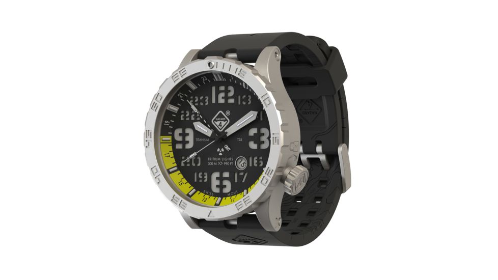 Hazard 4 Heavy Water Diver, 50mm Titanium GMT Watch with Tritium, Black Dial, White Texts, Green/Yellow Tritium, HWD-TI-G-Y-KW-GGYG