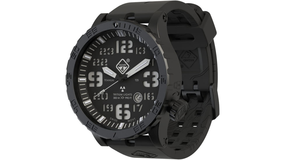 Hazard 4 Heavy Water Diver, 50mm Titanium Watch Bracelet with Tritium, Black Dial, White Texts, Blue/Red Tritium, HWD-TIPV-B-KW-BBRB