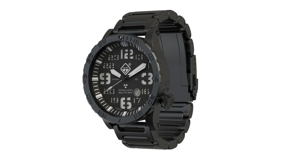 Hazard 4 Heavy Water Diver, 50mm Titanium Watch Bracelet with Tritium, Black Dial, White Texts, Blue/Red Tritium, HWD-TIPV-B-KW-GGYG