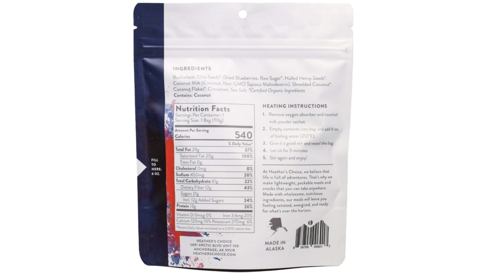 Heather's Choice Blueberry Cinnamon Buckwheat Dehydrated Breakfast, 113g, 13g Of Protein, Blueberry Cinnamon Buckwheat