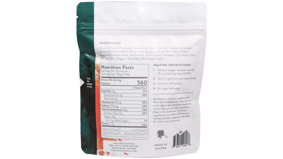 Heather's Choice Grass-Fed Beef Marinara With Spaghetti Dehydrated Dinner, 113g, 27g Of Protein, GFedBeefMarinSpag