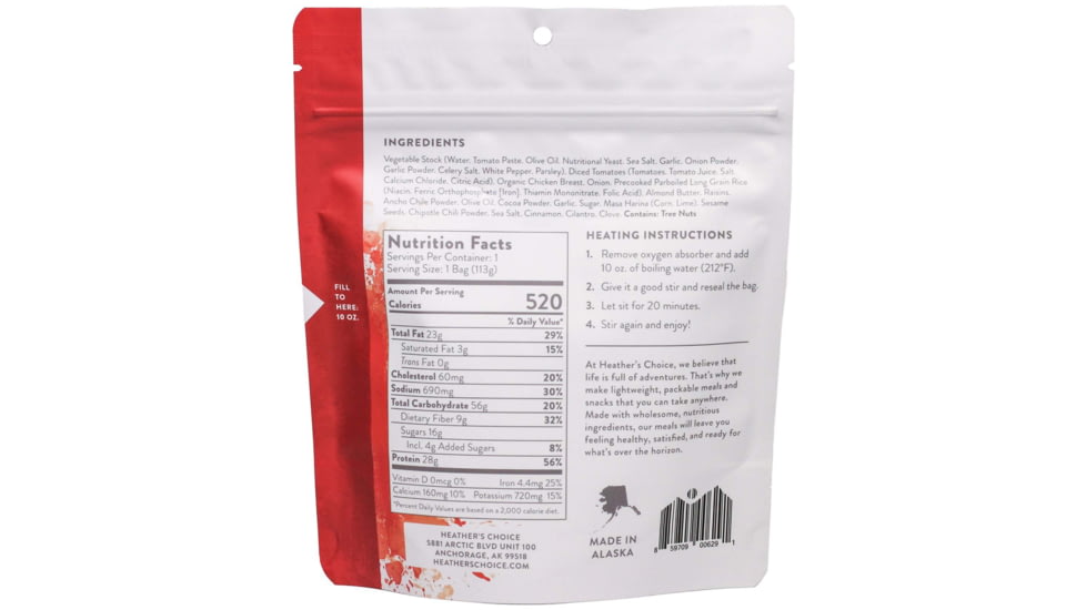 Heather's Choice Mole Sauce With Chicken And Rice Dehydrated Dinner, 113g, 28g Of Protein, MoleSauChickRice