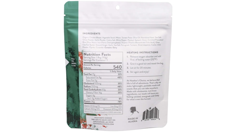 Heather's Choice Spinach Curry With Chicken And Rice Dehydrated Dinner, 113g, 36g Of Protein, SpinachCurryChickRice