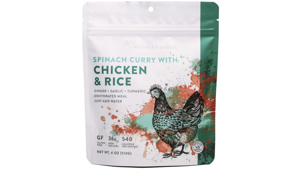 Heather's Choice Spinach Curry With Chicken And Rice Dehydrated Dinner, 113g, 36g Of Protein, SpinachCurryChickRice